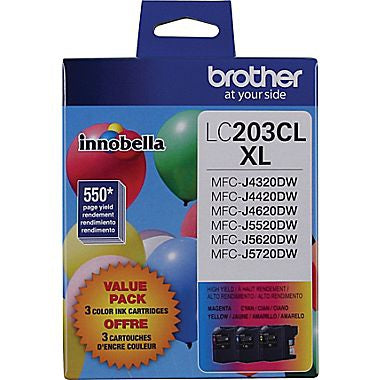 Brother Industries, Ltd MFC-J4320DW J4420DW J4620DW J5520DW J5720DW High Yield C/M/Y Ink Cartridge 3-Pack (Includes OEM# LC203C LC203M LC203Y) (3 x 550 Yield)